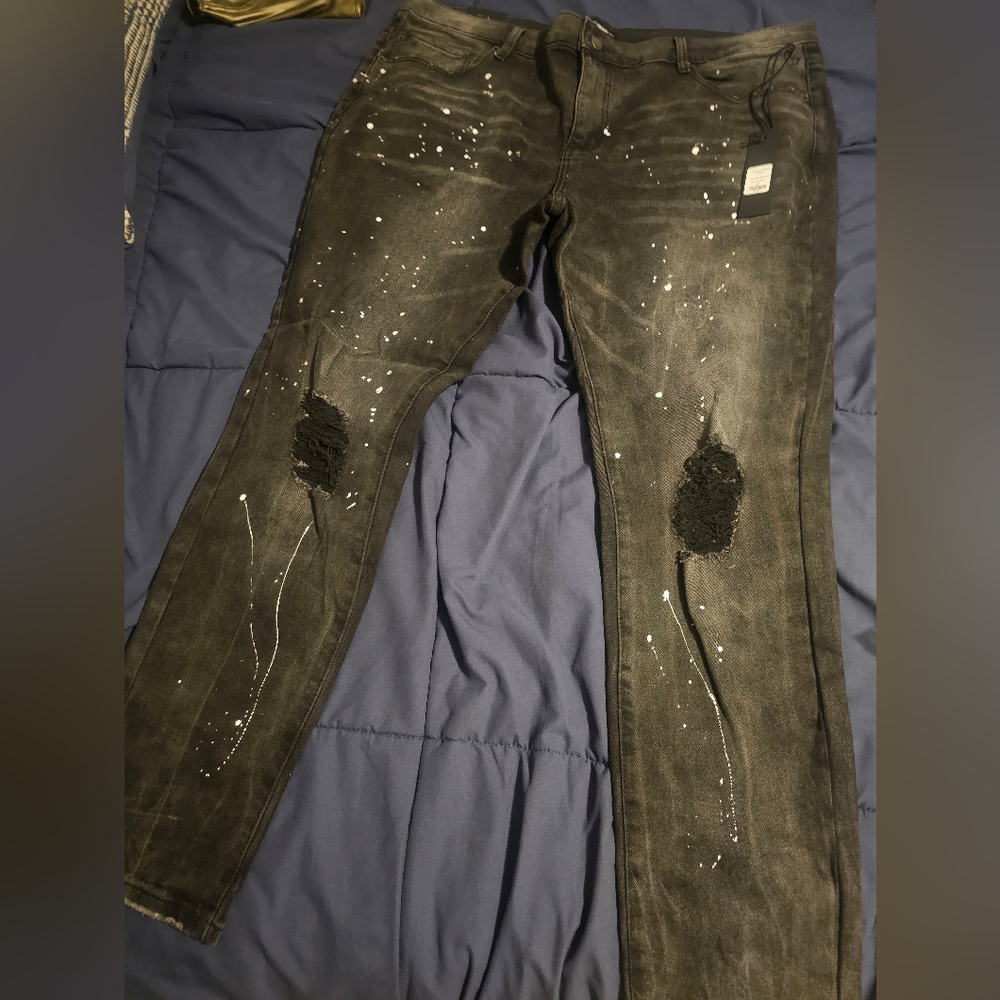Distressed Black Jeans with Paint Splatter